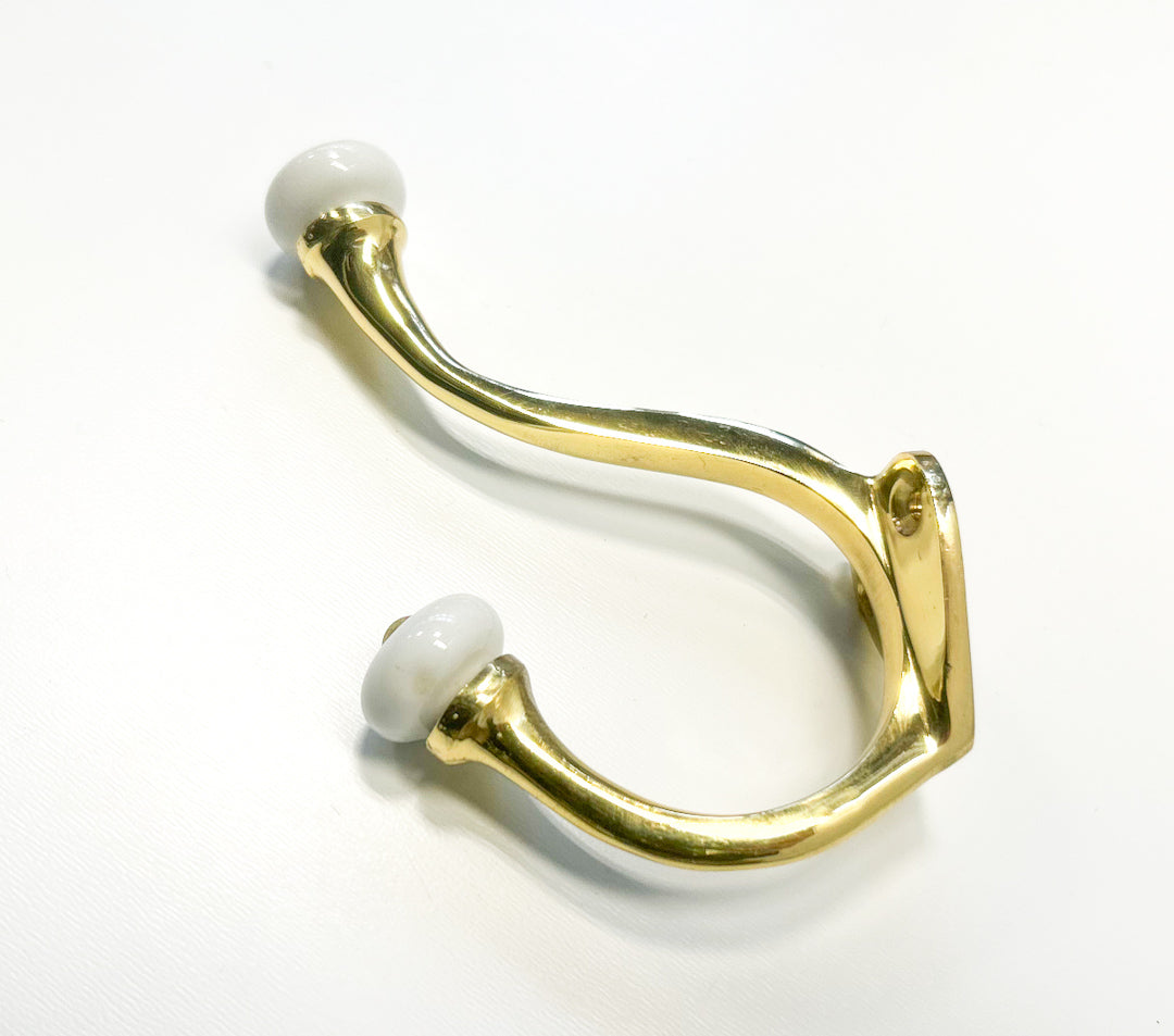 Linwood Double Brass Hook with Porcelain Knobs - Polished Brass