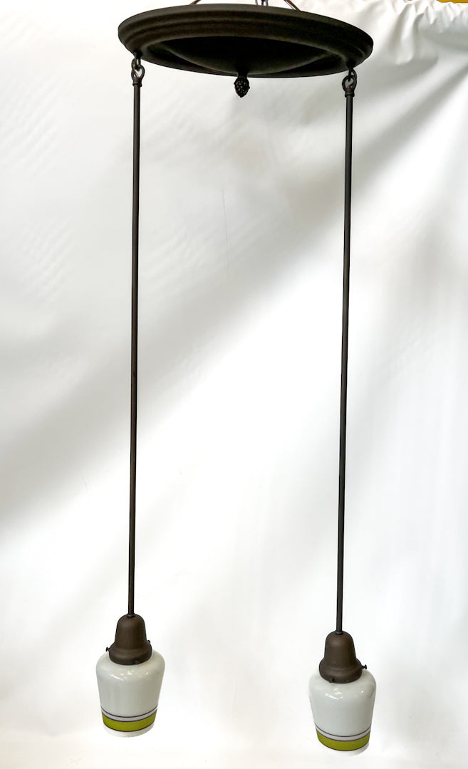 Two Arm Hanging Pendant with Milk Glass Shades - Rejuvenation Deadstock