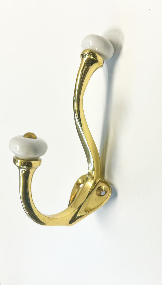 Linwood Double Brass Hook with Porcelain Knobs - Polished Brass