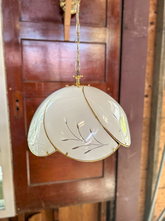 90’s Botanical White Glass and Brass Chandelier