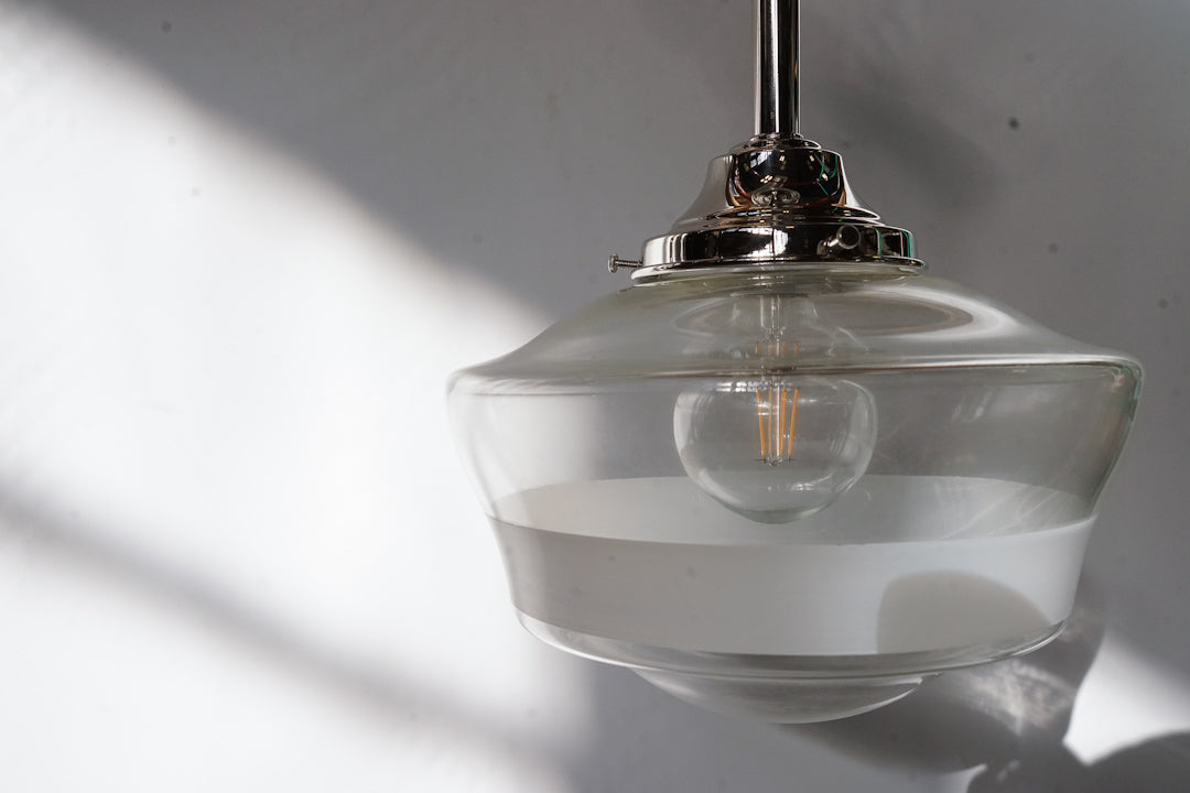 Schoolhouse Frosted Band Shade on Polished Nickel Fixture