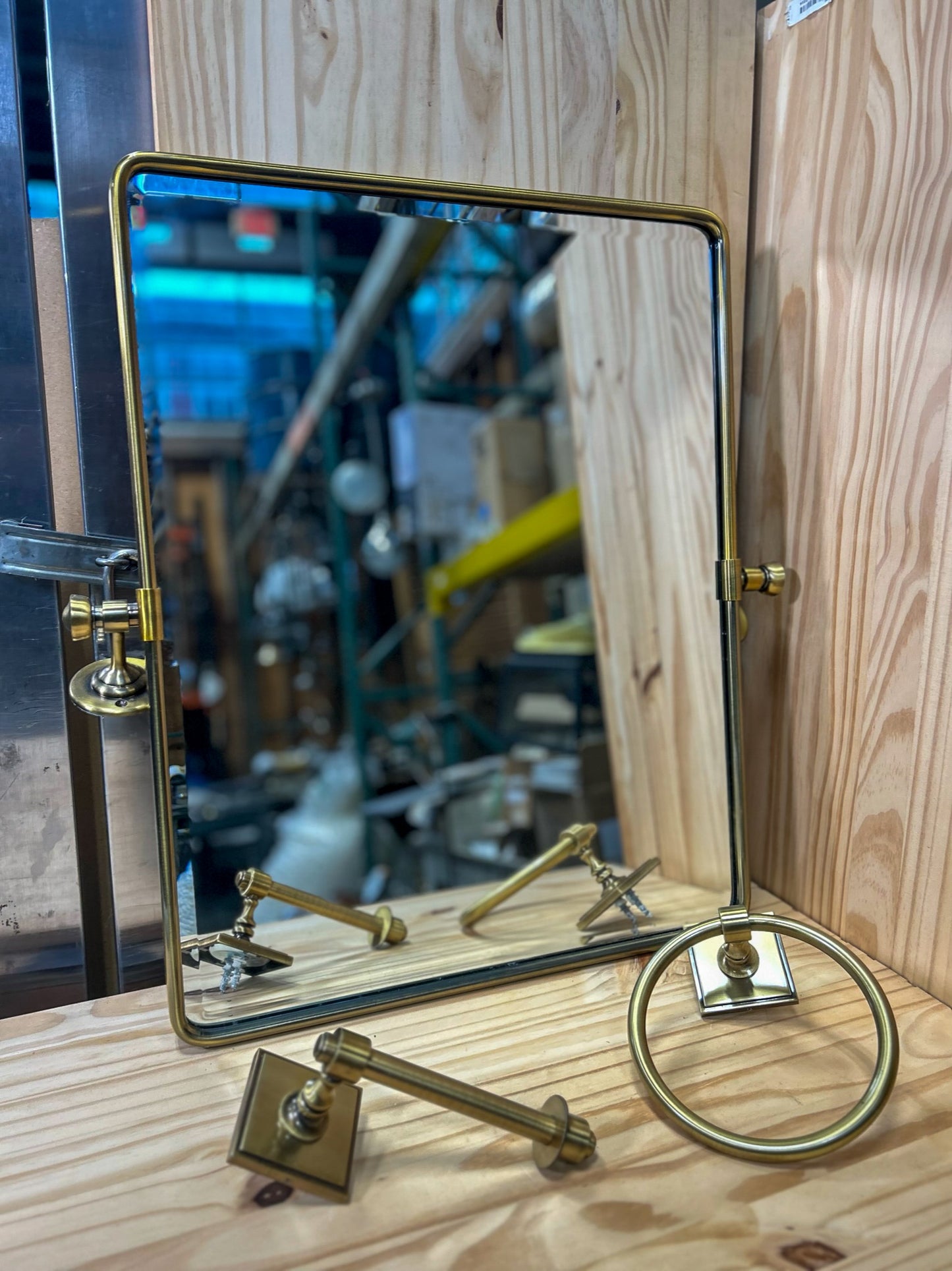 Aged Brass Bathroom Mirror and Hardware Set - Toilet Paper Holder/Towel Ring