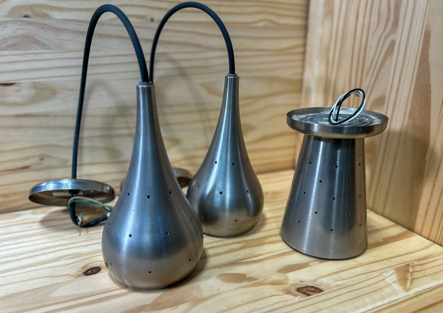 Set Of Brushed Nickel Moroccan style Pendant and Semi Flush Mount Lights with Perforated Shades. C.2008 Rejuvenation