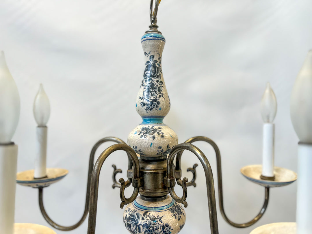 Delft Style Blue White Porcelain Ornate Brass Chandelier 5 Arm