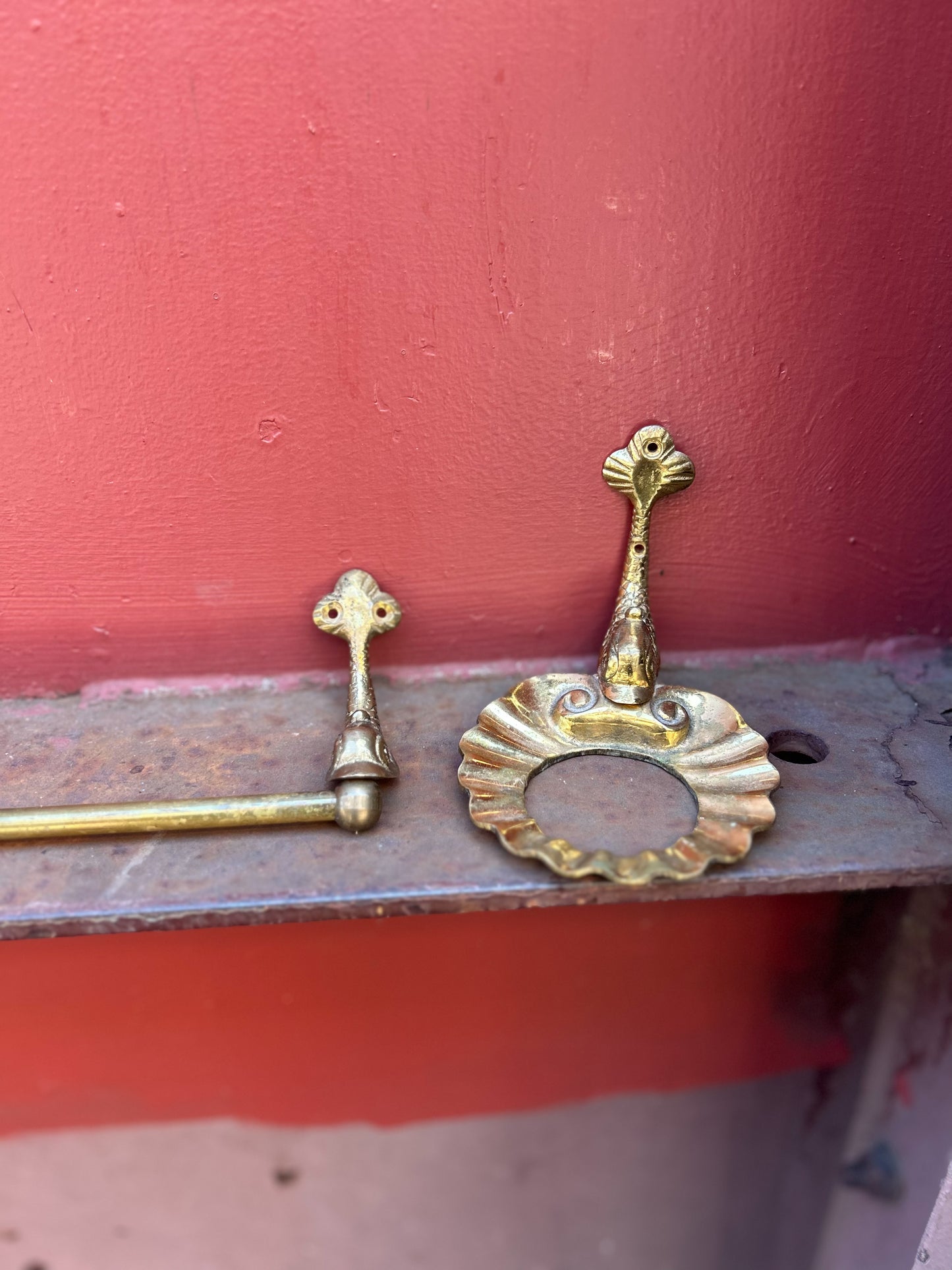 Antique Brass Venetian Dolphin Towel Bar and Soap Dish/Cup Holder