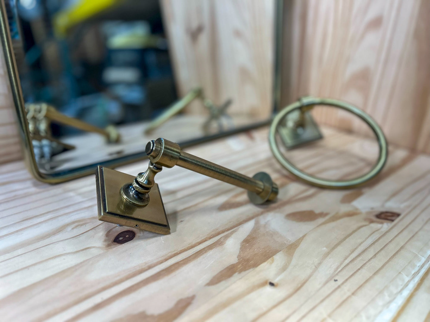 Aged Brass Bathroom Mirror and Hardware Set - Toilet Paper Holder/Towel Ring