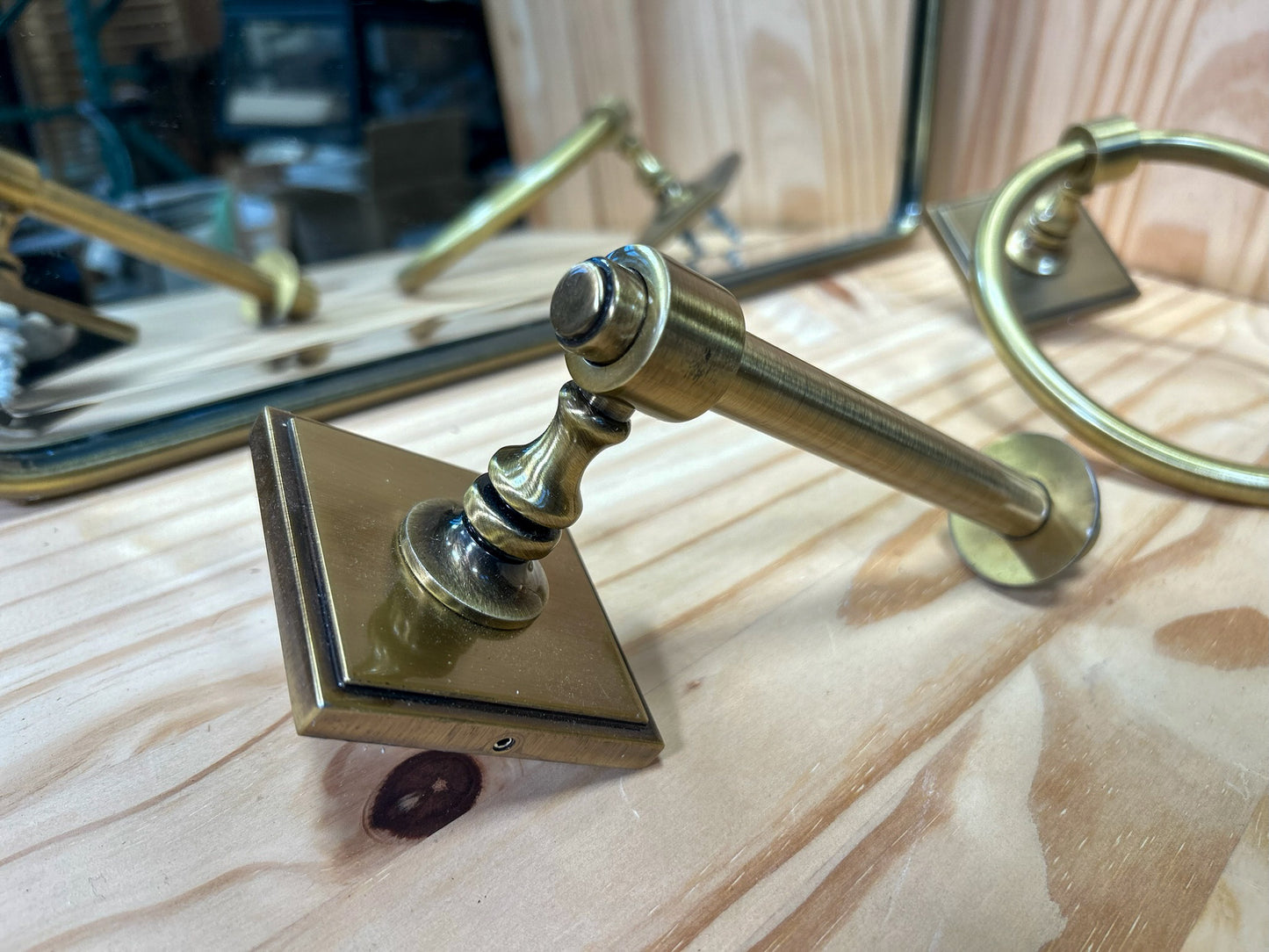 Aged Brass Bathroom Mirror and Hardware Set - Toilet Paper Holder/Towel Ring