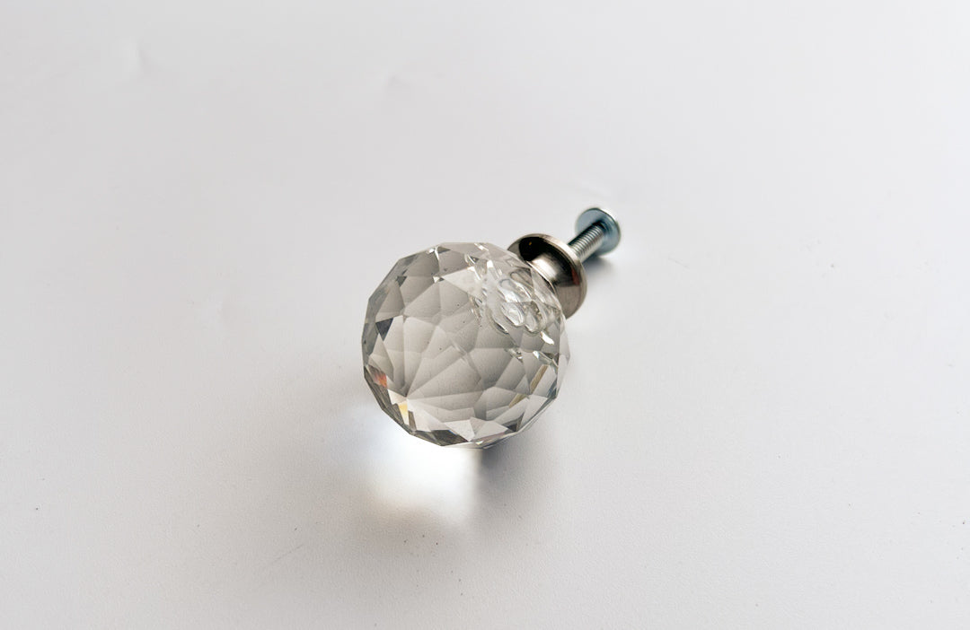 Small Globe Style Cut Crystal Knob With Solid Brass Base in Polished Nickel