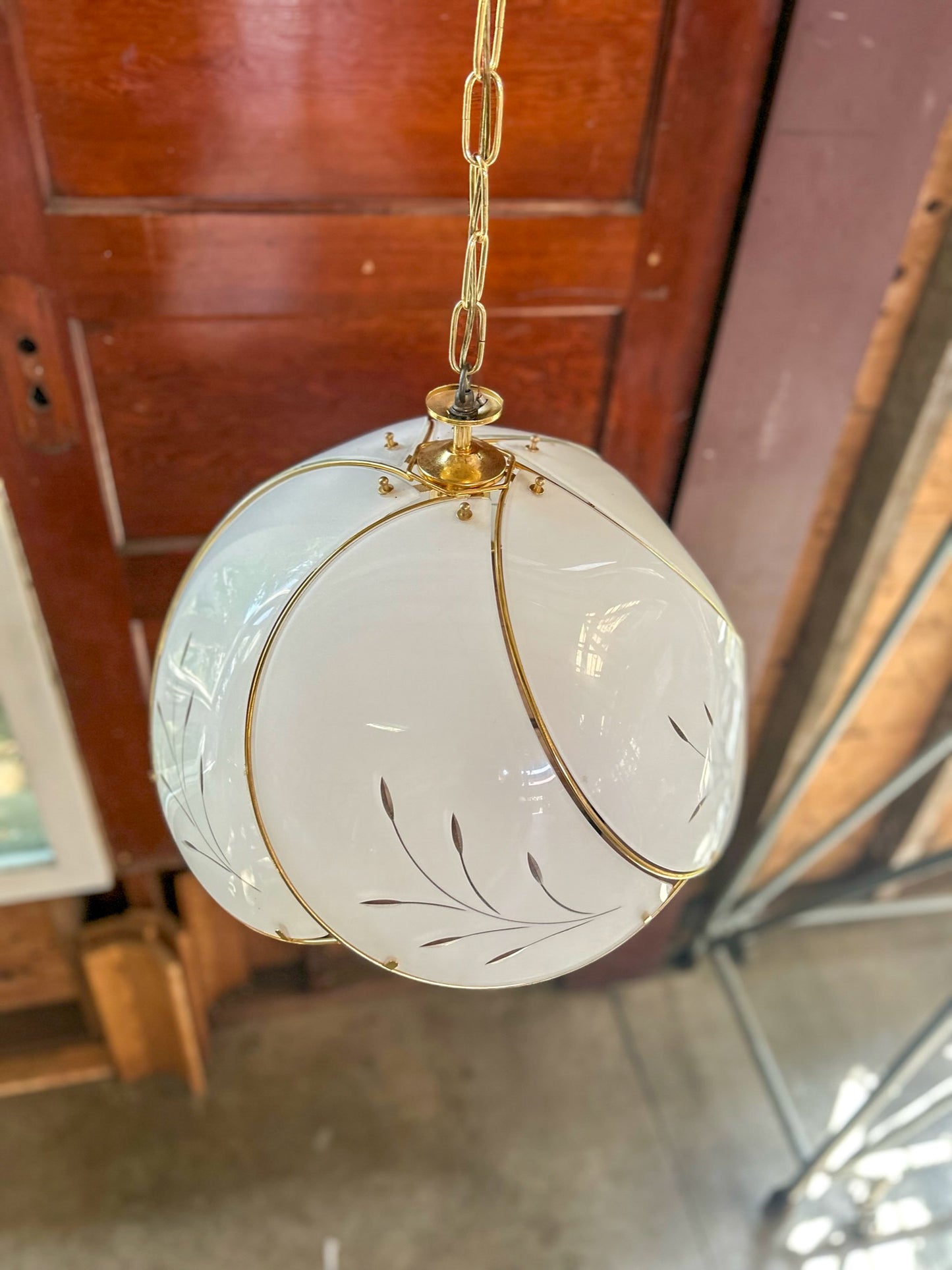 90’s Botanical White Glass and Brass Chandelier