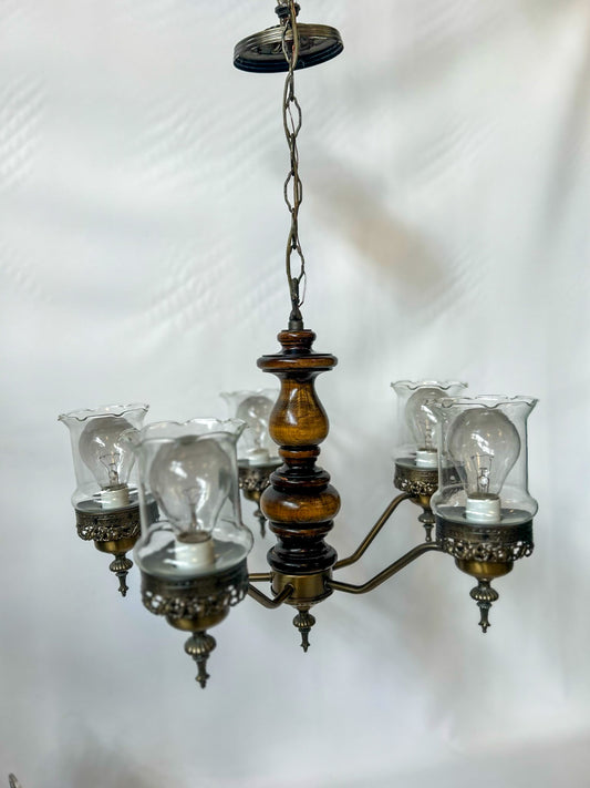 Antique Wood and Brass 5 Arm Chandelier with Tulip Shades