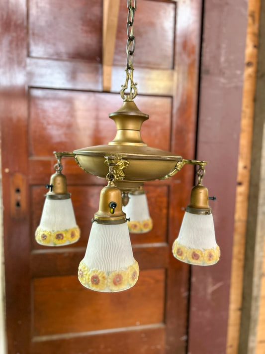 1920’s Antique Brass Four Arm Ceiling Light With  Hand Painted Floral Shades