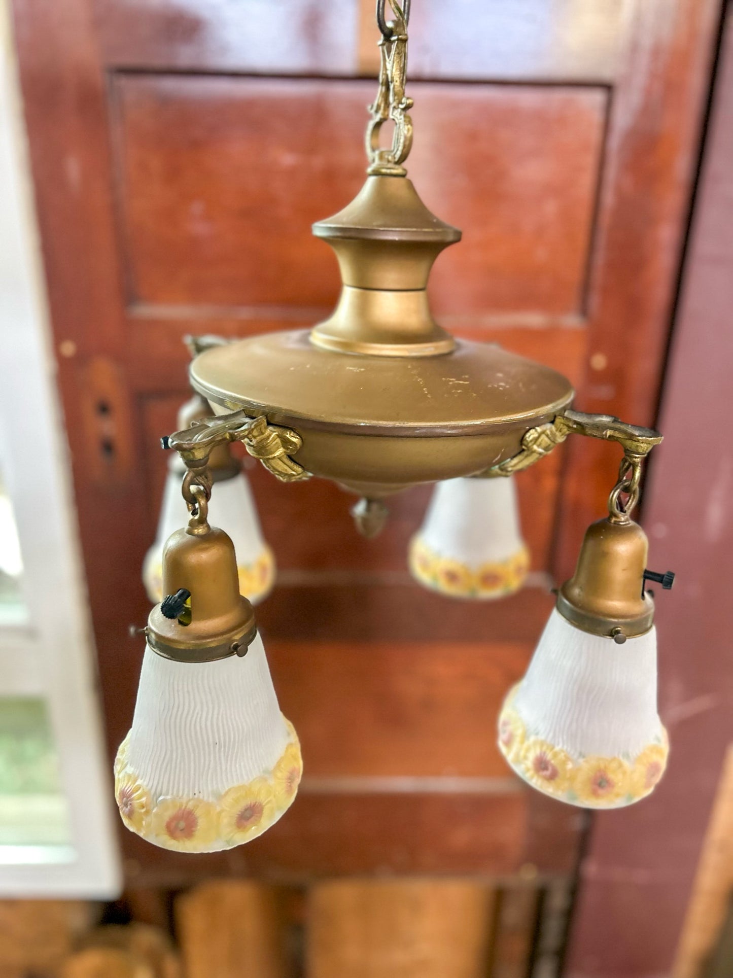 1920’s Antique Brass Four Arm Ceiling Light With  Hand Painted Floral Shades