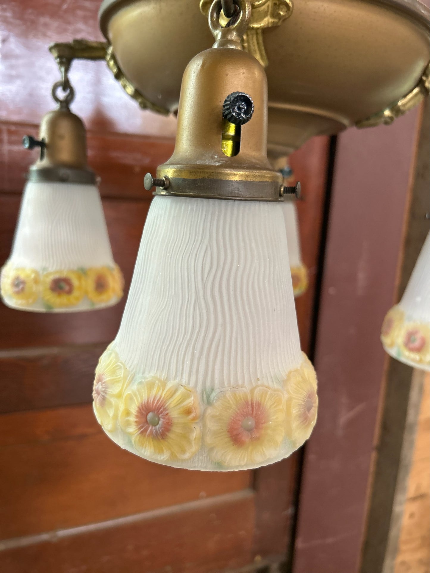 1920’s Antique Brass Four Arm Ceiling Light With  Hand Painted Floral Shades