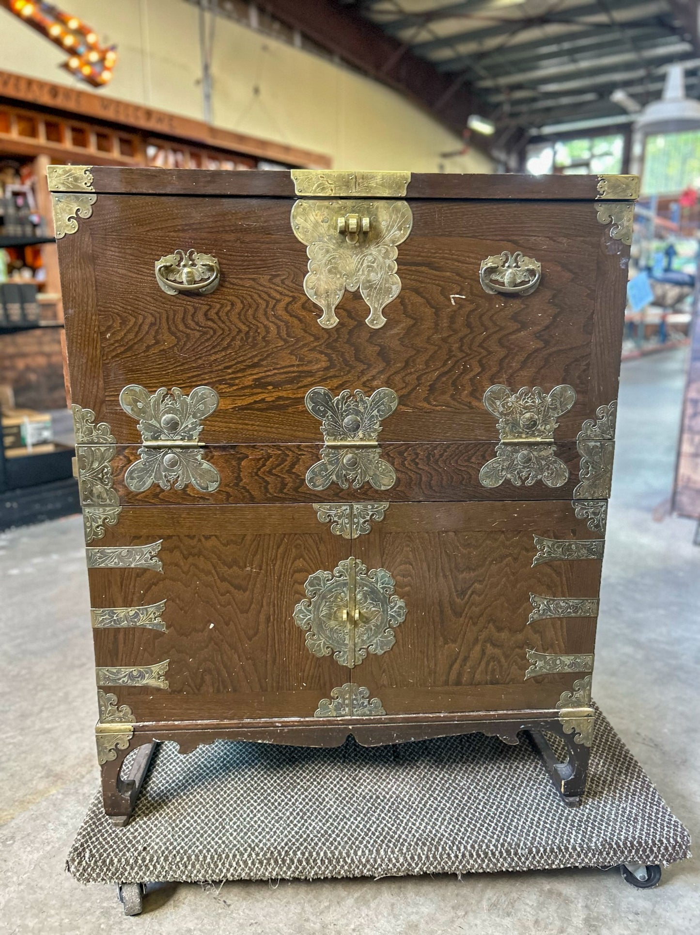 Korean Tansu Style Elmwood and Brass Campaign Style Secretary Desk - Vintage