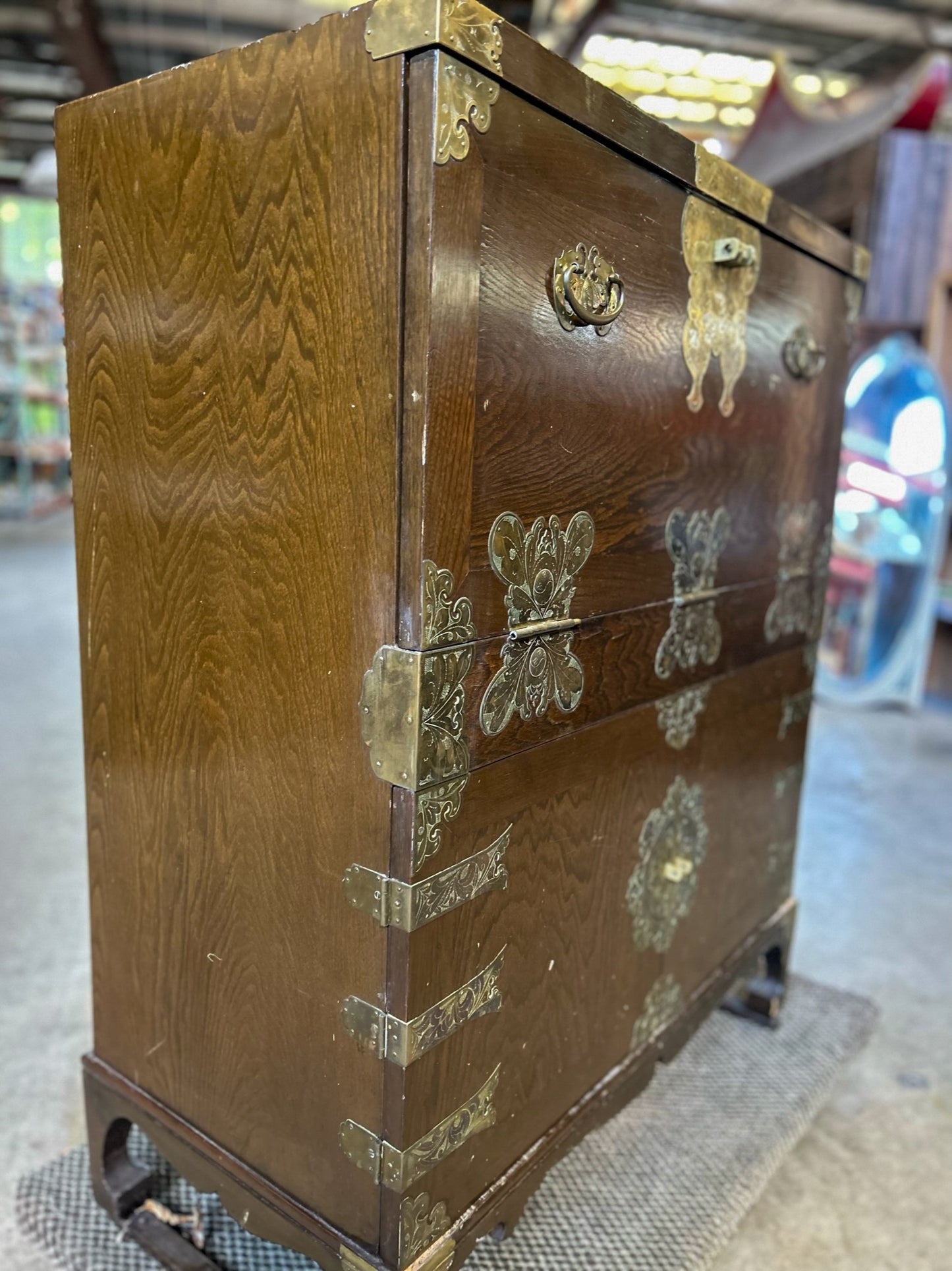 Korean Tansu Style Elmwood and Brass Campaign Style Secretary Desk - Vintage