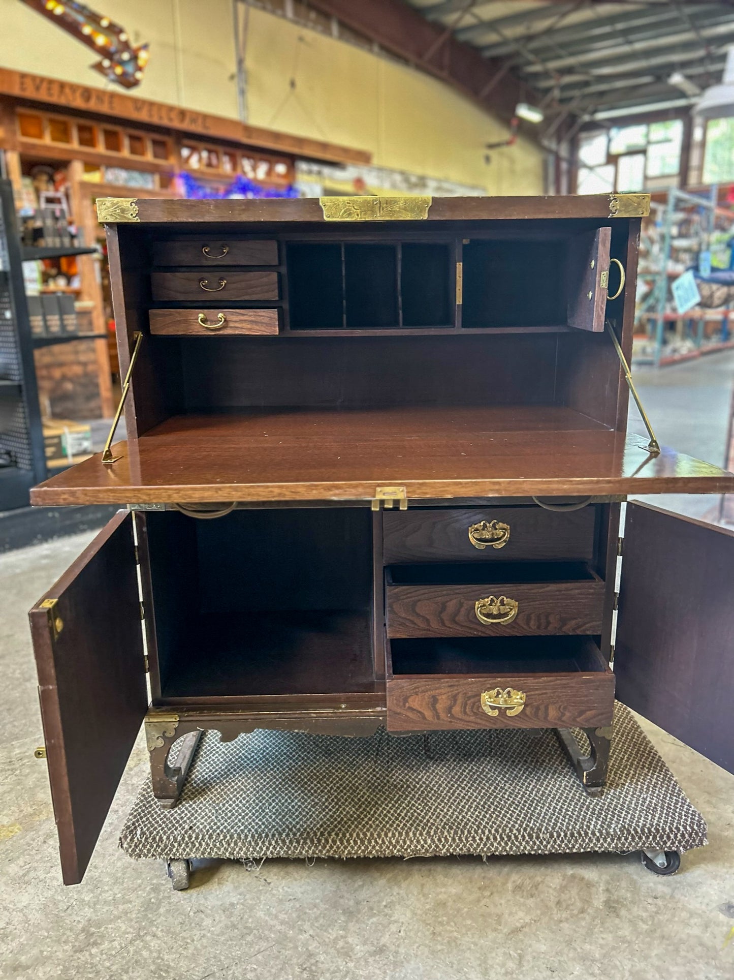 Korean Tansu Style Elmwood and Brass Campaign Style Secretary Desk - Vintage