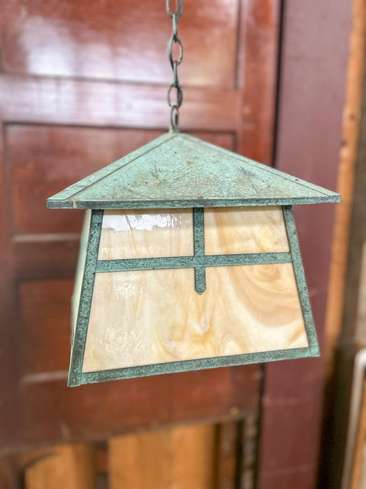 Vintage Arts and Crafts Style Copper and Stained Glass Lantern Pendant Light