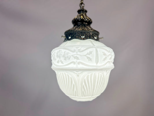 New Schoolhouse Rochelle Shade on Vintage Brass Swag Pendant Fixture