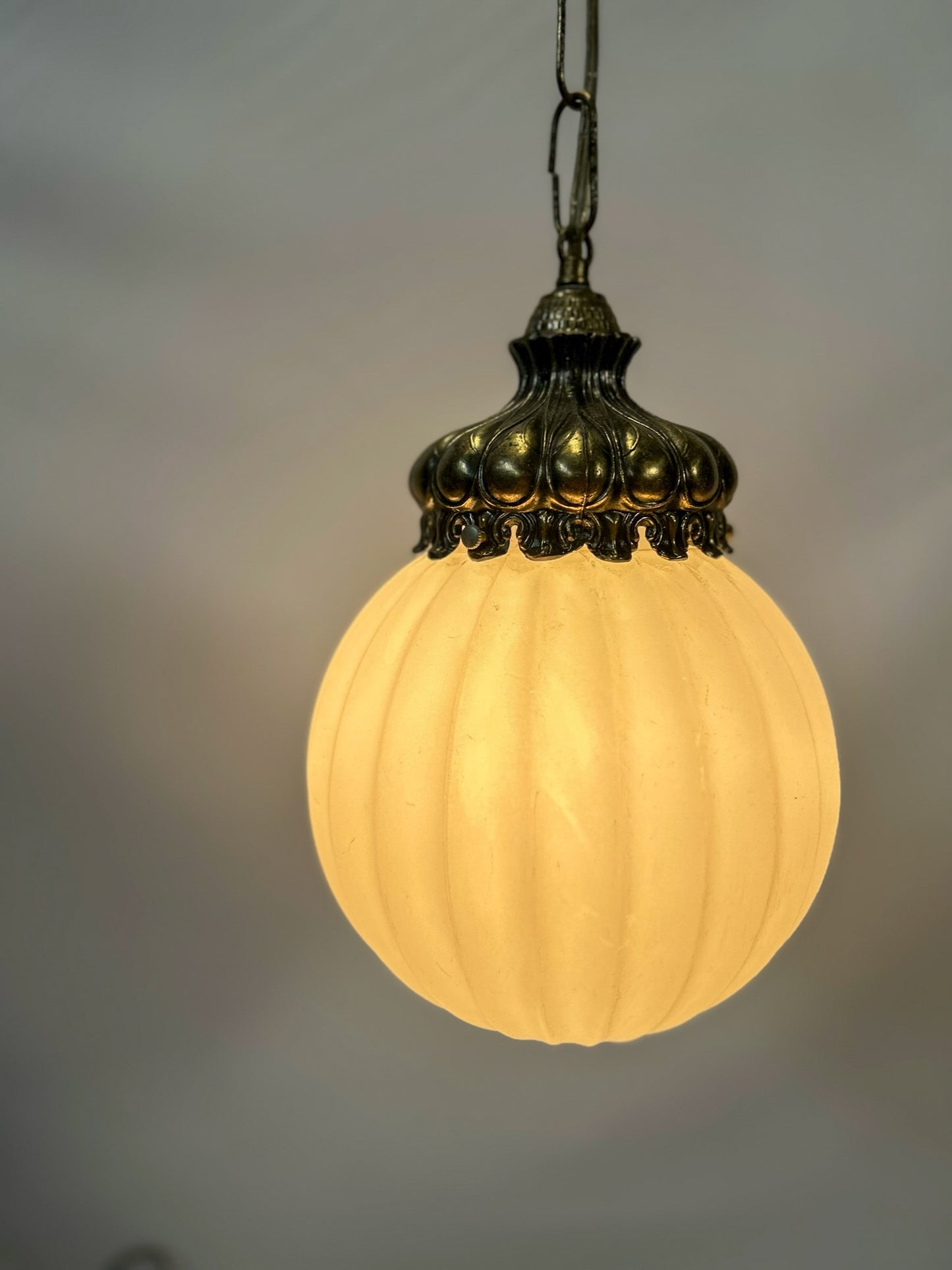 Vintage Ribbed Glass Pendant Swag Light MCM